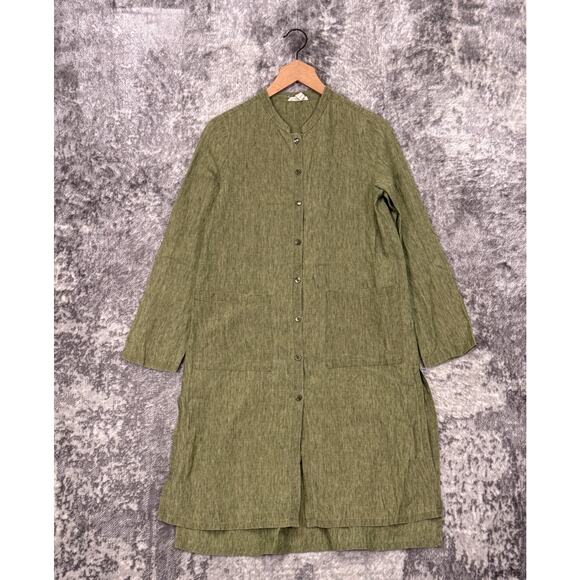 Eileen Fisher Tunic Shirt XXS Womens Green Linen Band Collar Button Down Top - Picture 1 of 9